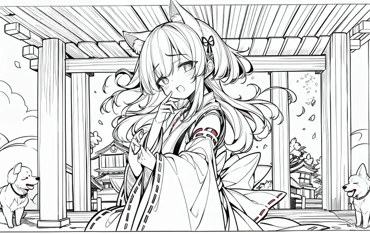 1loli,dog ears,miko,small chest,shrine maiden,from side,line art,cute pose,white background,hand on mouth,open mouth,empty eyes