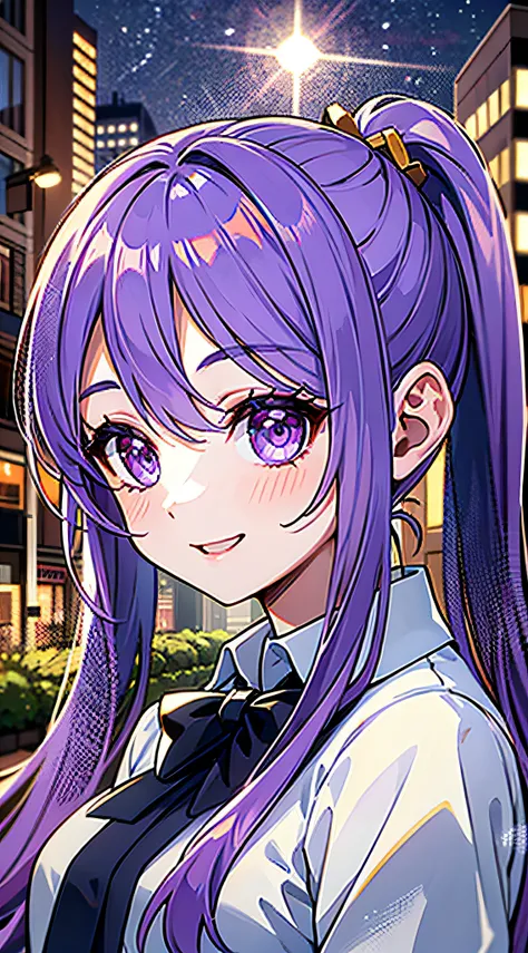 obra-prima，, best qality, long hair, purple color  hair, purple eyes, side ponytails, character close-up, sorrisos,, + +, out do...