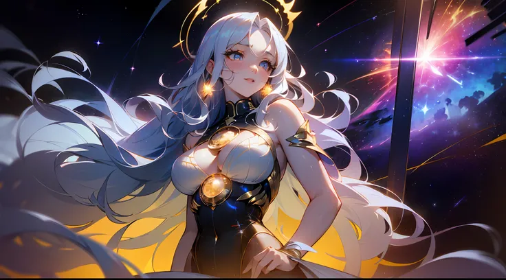 A tall mature (celestial goddess:1.17), (glistening skin:1.08), (large radiant eyes:1.33), (long flowing hair:1.28), (starry sky pattern:1.12) within her locks, (ethereal smile:1.02), (glowing makeup:1.13), (subtle blush:0.93), (full lips:1.05), (elegant n...