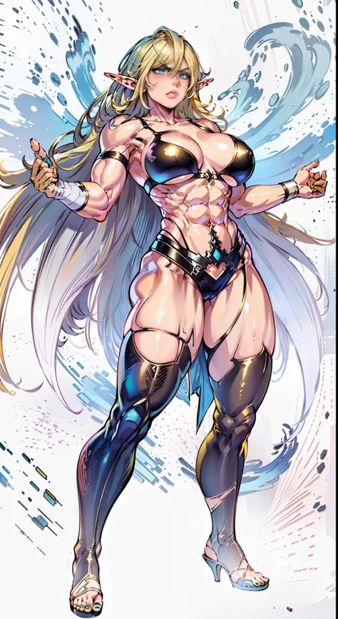 (((1girl))), (((long-hair-yellow-color)))), blue-eye, light-skinned, muscular, (((yellow hair))), (((elf ears)), (serious expression), (angry expression), seductive look, bright look, large breasts, blue rays around, nose and eyes anime, arm bandages