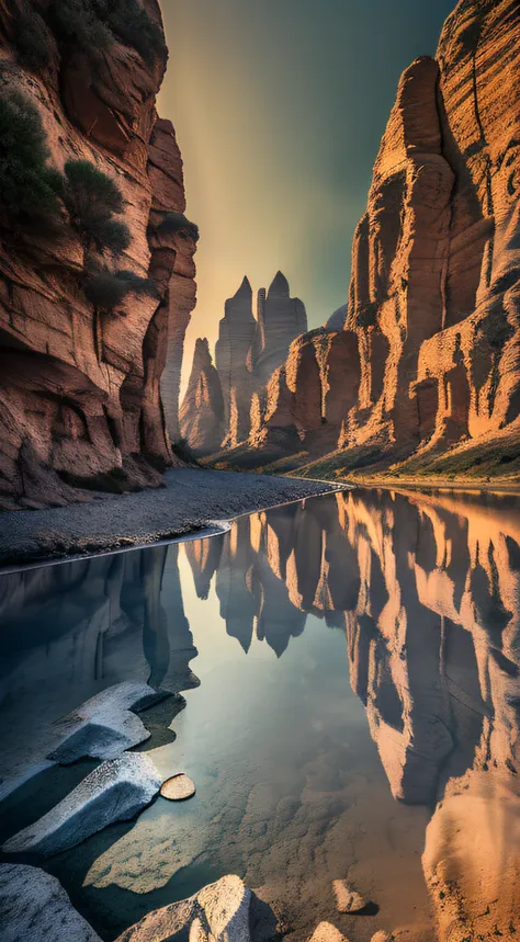 body of water in a desert, in the style of surreal architectural landscapes, national geographic photo, hasselblad high detail， ...