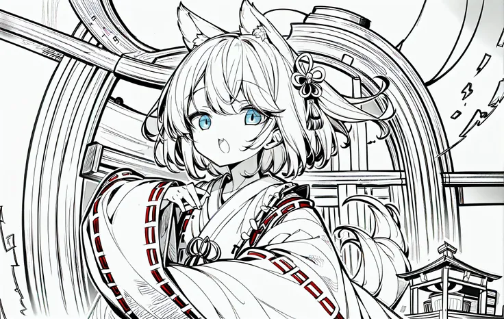 1loli,fox ears,miko,small chest,shrine maiden,from side,line art,cute pose,white background,hand on mouth,open mouth,empty eyes