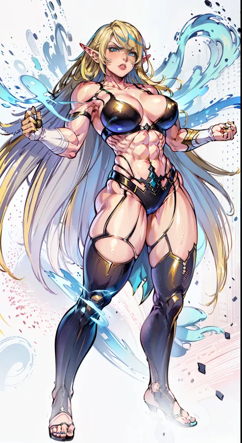 (((1girl))), (((long-hair-yellow-color)))), blue-eye, light-skinned, muscular, (((yellow hair))), (((elf ears)), (serious expression), (angry expression), seductive look, bright look, large breasts, blue rays around, nose and eyes anime, arm bandages