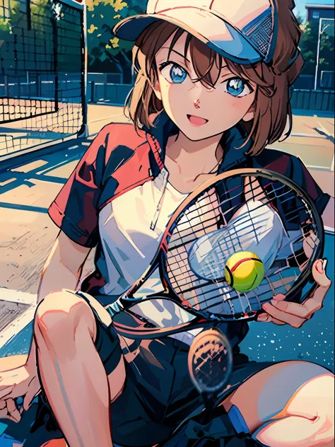 ai haibara、playing tennis、tennis court、sun visor、sigh、suou