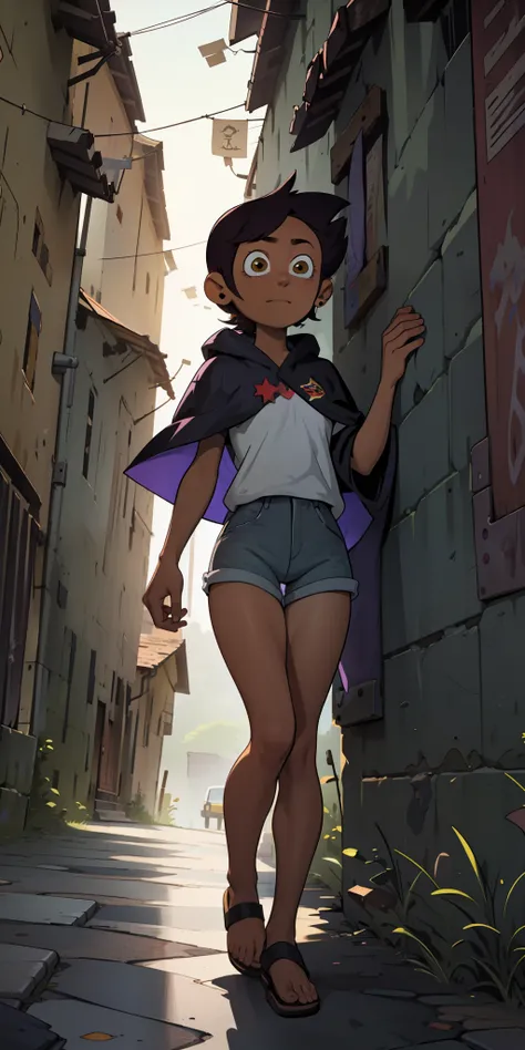 ((ultra detailed)), ((illustration,,)), beautiful, unbelievable, (((masterpiece)))), Noceda light, backgroundless, brown skin, short brown hair, purple hood, short jean shorts, brown eyes,real eyes,