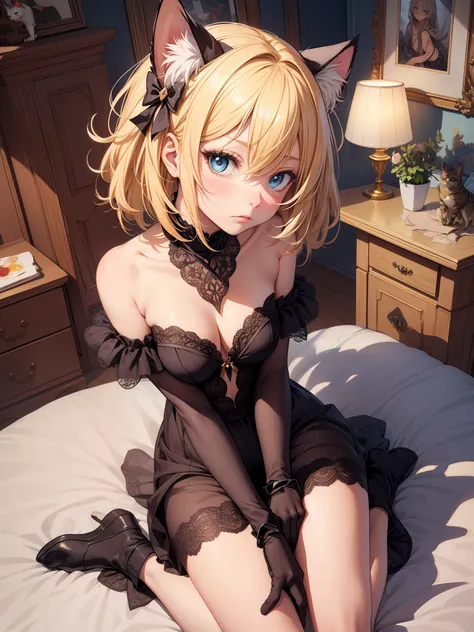 Absurdity, super detail, masterpiece, top quality, break, official art, (beautiful and aesthetic: 1.2), (watercolor: mid), break, beautiful girl, (cute: 1.3), 16 years old, break, colorful hair, (yellow and golden hair: 1.2), (fractal art 1.3), break, cat ...