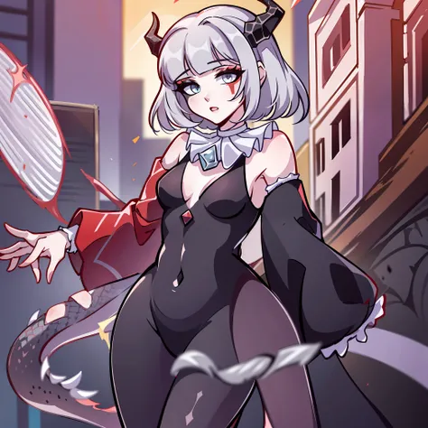 (Best quality: 1.0), (super high res: 1.0), extremely detailed character, detailed Hands, half-dragon girl, horns, scales on the neck, scales on the shoulders, scales on the forearm, scales on the cheek, Extremely detailed black dragon tail, extremely deta...