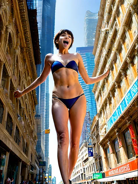 Masterece-piece, ultra high definition photo quality, building street, viewer about to be trampled by a huge nymph with a height of 60m very beautiful walking while destroying buildings, micro bikini, strapless, very long tongue, drooling, evil desire, ver...