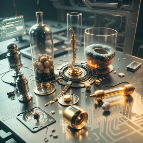 On the Futuristic cyberpunk table lie transparent gold and glass tampon, kegel balls, gold hearing aid, small gold earphones, hearing aid, nose plug, earplug, this stuff lie on futuristic table, futuristic 3d printer print gold cylindrical small slippery c...