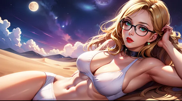 1 girl, ig model, looking far away, hand in her hair, glasses, lewd face, sexy, cleavage, blonde hair, brunette, green eyes, red lips, green collar, white bikini, white skirt, white panties, white bra, thigh highs, arm band, armpits, large breasts, wide hi...