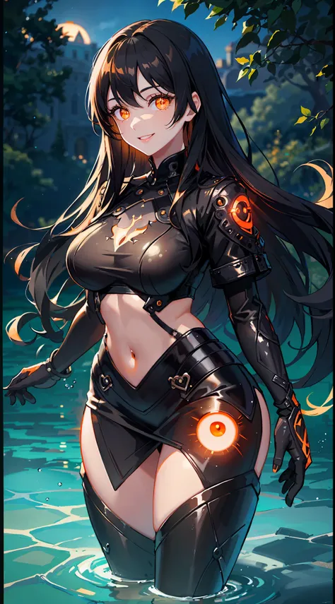 masterpiece, UHD, black hair, shapely, 1girl, crop top, detailed face, (beautiful and detailed orange glowing eyes:1.4), front shot, from bellow, smiling, full body, lake background, crystal clear water, park, night,