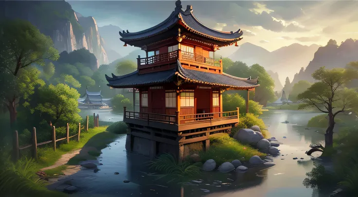 chinese village scenery with bridge and pagoda, landscape artwork, g ryurian art style, temple background, landscape game concep...