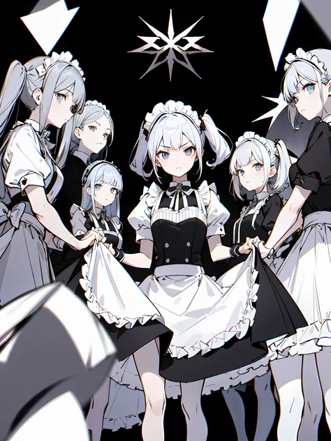 Groupe of girls lined up, [twintails], gloomy face, maid, yandere, skirt lift, panties, [self lift], fully visible panty, encircling viewer, random panties,