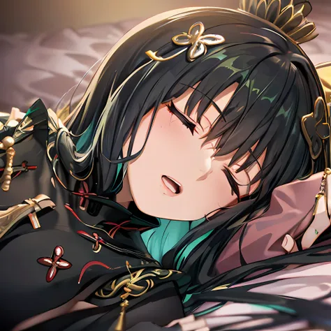 highres,official art,masterpiece,best quality, 1girl,((sleeping)), ((lying down)), ((closed eyes)), ((open mouth)), ((bed)), med...