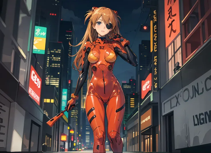 ((masterpiece,best quality, detailed)), full body, night, cityscape, souryuu asuka langley, interface headset, multicolored bodysuit, eyepatch