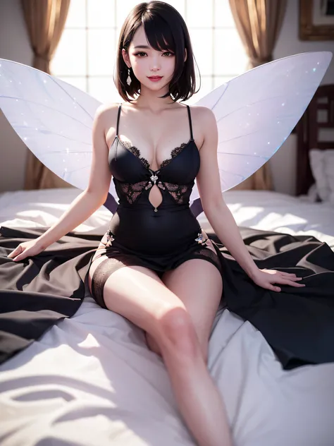 Fairiy with a Japanese face,sitting on bed,1girl, ((best quality)), ((masterpiece)), (detailed), realistic, photo, ethereal beauty,cute,(black hair:1.2), (black eyes:1.2),Light colored dress,(transparent fairy wings:1.2), exquisite and beautiful face, exqu...