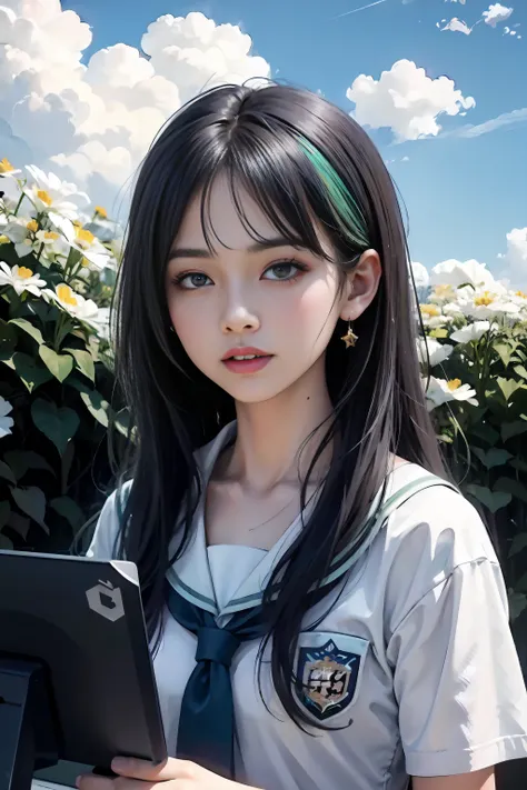 Color splash, acrylic paint, color explosion, small flowers on the head, light green rainbow shiny hair, long hair. Perfect eye makeup, pouty lips, collarbone, blue sky and white clouds, front, holding flowers Ultra HD, Ultra Details 8k distinguishes a gir...