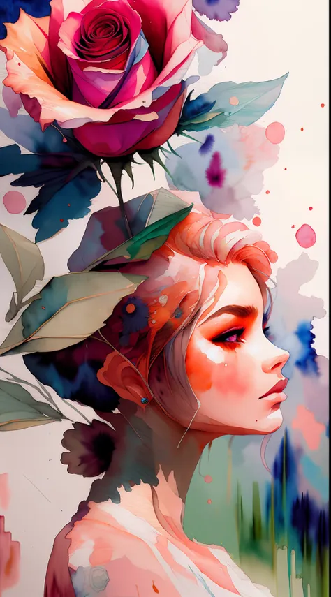 wtrcolor style, (rose) digital art, official art, blown by the wind, masterpiece, beautiful, ((watercolor)), paint splatter, int...