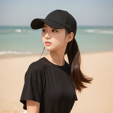 "real photo, hd 8k pixels, on the beach of a ponytailed woman wearing a black hat and black shirt, her name is heonhwa choe, a g...