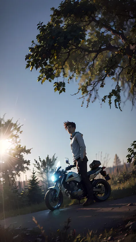 There is a man standing next to a motorcycle on the road but far away and close to the camera, illuminated!, nice afternoon lighting, taken with the best DLSR camera, blurry image, against the backdrop of trees, in the middle of nowhere, on top of a hill, ...