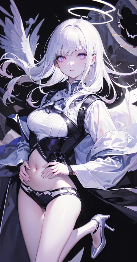 high resolution, highest quality, illustration, slim legs and high heels, cinematic light, super detailed, detailed face, (detailed eyes), best quality, super detailed, masterpiece, (detailed face), white hair, purple eyes, highest detail, glowing eyes, me...