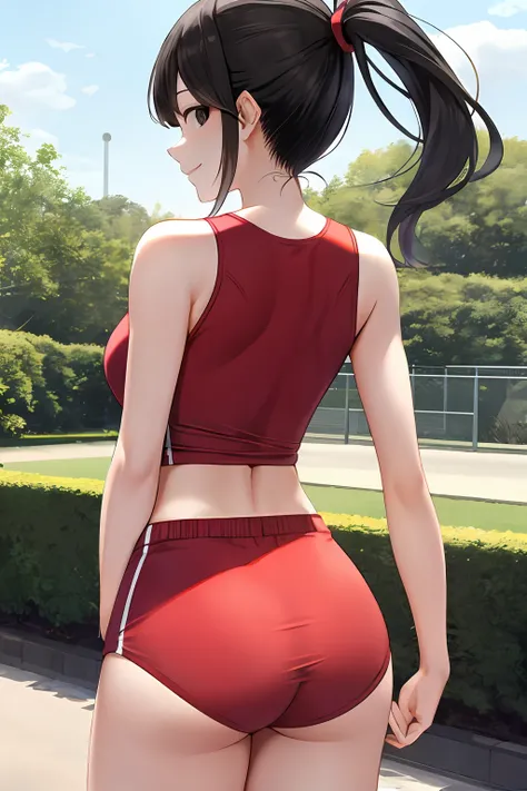 masterpiece, black hair, ponytail, black eyes, best quality, hi-res, solo, folded ponytail,looking at viewer, wicked smile, ass facing you, red gymnastics shorts, white running shirt, big, park, outdoor