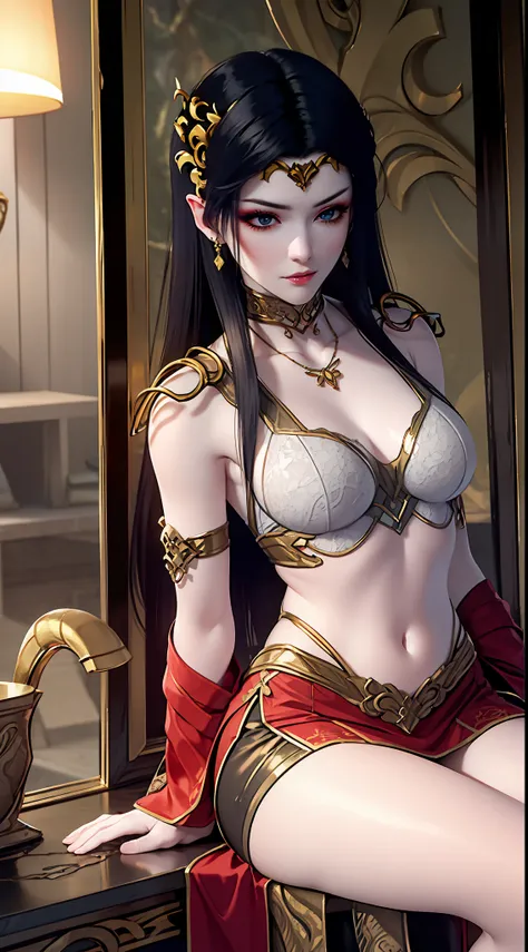 (Dark Light, Top Quality, 8K, Masterpiece: 1.3), (Focus: 1.2), (Chinese Casual Theme, Indoor: 1.5), (Beauty & Slim Abs: 1.4), (Layered Hairstyle), (White Shirt: 1.6), (White Lace Short Skirt: 1.3), Highly Detailed Face and Skin Texture, Whitening Skin, (Fu...