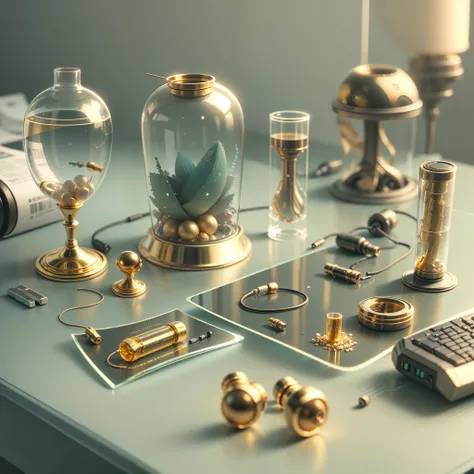 On the Futuristic cyberpunk table lie transparent gold and glass tampon, kegel balls, gold hearing aid, small gold earphones, hearing aid, nose plug, earplug, this stuff lie on futuristic table, futuristic 3d printer print gold cylindrical small slippery c...