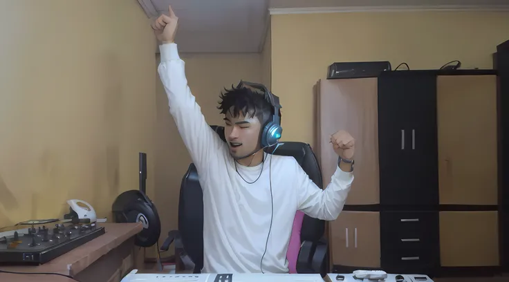 Theres a young man sitting at a table with headphones on, dabbing, with headphones, in an action pose, Twitch streamer/gamer Ludwig, DJ Sura, profile picture 1024px, cool pose, with headphones, triumphant pose, Mohamed Chahin, in a fighting pose, battle po...