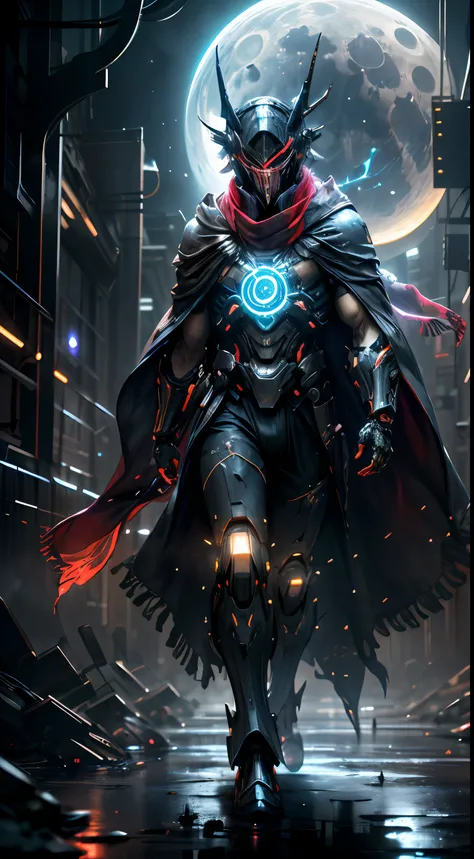 realistic,shiny,reflective,bioluminic, galactic cybernetic mask,mecha,(assassin:1.2),((((scarf,long cloak)))),sh4g0d,GlowingRunes_red,fullbody,cinemnatic,dark background,starry,big moon,backlight,high contrast,