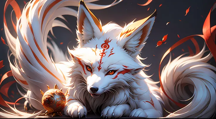 (best quality: 1.3), (masterpiece: 1.3), (realistic: 1.4), (details: 1.1), nine tails, fox, white fur, super fine, super flowing...