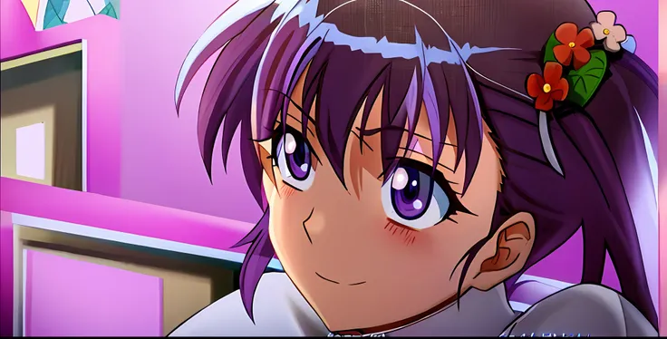 anime girl with purple hair and a flower in her hair, close up iwakura lain, misato katsuragi, close up of iwakura lain, rumiko, close up of a young anime girl, iwakura lain, gainax anime style, juri misaki, inspired by Rei Kamoi, anime screencap, anime sc...