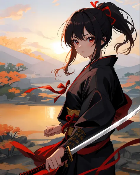 masterpiece, super high quality, super detail, perfect drawing, solo, beautiful girl, sword-wielding samurai, black ponytail, ha...