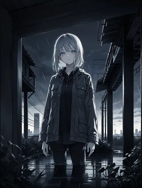 phblue, scenery, no humans, landscape,  (masterpiece,best quality:1.4), blue theme, city, dusk, 1girl, rain,cowboy shot, close u...