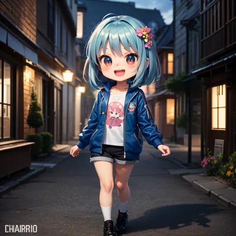 (Masterpiece), (Best Quality), (Super Detail), (Full Body: 1.2), 1 Girl, Chibi Chara, Cute, Smile, Open Mouth, Flowers, Outdoor, Music, Blue Jacket, Blush, Shirt, Short Hair, Cherry, Blurry, White Hair, Blush Sticker, Long Sleeves, Bangs, Blue Hair Ornamen...