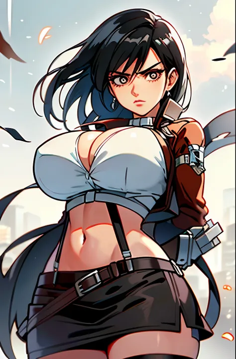 Mature girl, black hair, floating hair, delicate eyes, black pupils, heroine, black and red apricot hanfu, masterpiece, complex scene, Anime image of a woman with long black hair and a brown jacket, Mikasa Ackerman, from Attack on Titan, in Attack on Titan...
