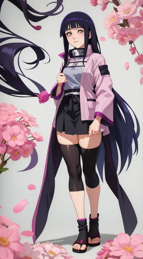 anime girl with purple hair and a gray shirt and black socks, hinata hyuga, hinata hyuga of naruto, inspired by Maki Haku, female anime character, of naruto, kunoichi, nezuko, inspired by Kamisaka Sekka, misato katsuragi, sakura haruno, cel - shaded art st...