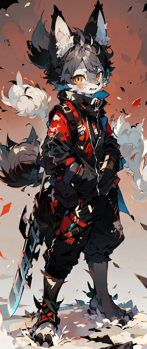 (Furry furry:1.3), Junior solo, Furries, cat ears,solo, shaggy, Hairy Male, Male focus, anthr,(Full Body Fur, Fluffy tail, Gray-black fur, BROWN EYES, Gray hair:1.2), (long canines)Anime Style Gray Black Wolf Boy Battle-Hardened Trained Holding a Long-Blad...