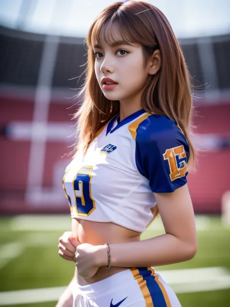 masterpiece, superlative, realistic, jennie wearing trendy football uniform, bare waist, hd, photography lighting, 16k