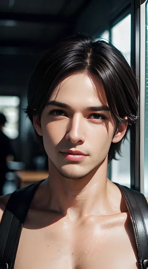 handsome muscular man who looks like Leon kennedy of Resident Evil, mischievous smile, (small details: 1 in 1), natural muscles, higher quality, beautiful eye, (Detailed face and eyes), (face、: 1 of 2), noise, real pictures、... ...PSD, Sharp Focus, High Re...