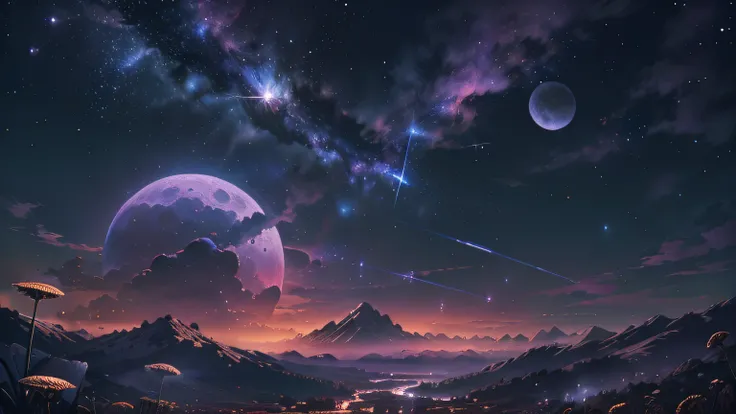 (Absurd, Cinematic, UHD, taller, ultra detailed, ultra detailed), dark purple sky, nebula in the sky, last 5 in the sky, big moon in the sky, flying train, shooting star, dandelion field, mountain, oil painting, detailed dandelion field, detailed sky, suns...