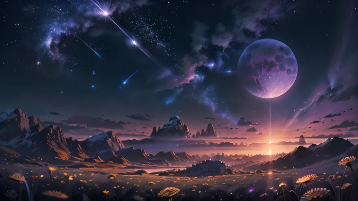 (Absurd, Cinematic, UHD, taller, ultra detailed, ultra detailed), dark purple sky, nebula in the sky, last 5 in the sky, big moon in the sky, flying train, shooting star, dandelion field, mountain, oil painting, detailed dandelion field, detailed sky, suns...