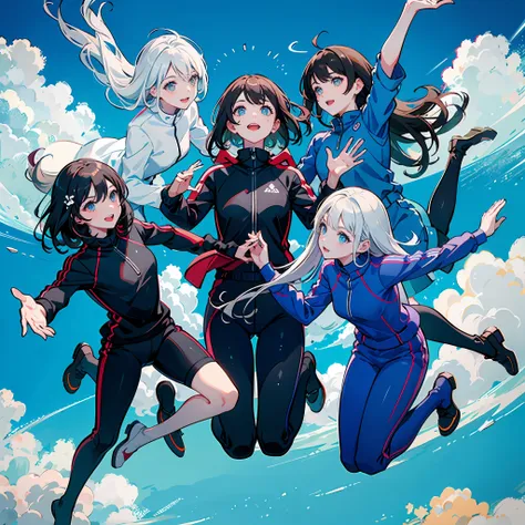 anatomy good, five girls, skydiving, jumping from a plane, swooping pose, open arms, random hair color, gray hair, random hairst...