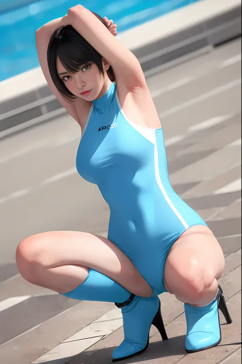 Best Picture Quality, Best Quality, 8k Picture Quality, 1 Girl, Full Body, Nagisa, Embarrassing, Blushing, Irritated, Beautiful, Light Blue Enamel, Sleeveless, High Neck Competitive Swimsuit, Hard Nipples, Crotch Tucked, Light Blue Enamel Sai High Boots Pi...