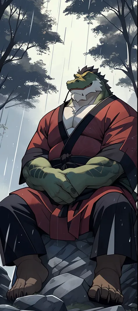 anthro, male, old chubby alligator, old man, detailed eyes, detailed clothing, big fat. overweight, white beard, samurai clothes...