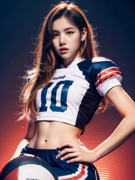 Masterpiece, superlative, realistic, Lisa wearing trendy football uniform, long hair, open waist, HD, photography lighting, 16k