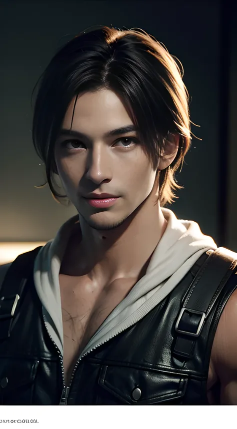 handsome muscular man who looks like Leon kennedy of Resident Evil, mischievous smile, (small details: 1 in 1), natural muscles, higher quality, beautiful eye, (Detailed face and eyes), (face、: 1 of 2), noise, real pictures、... ...PSD, Sharp Focus, High Re...