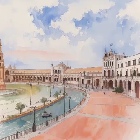 view of the plaza de españa in seville with the south tower, arches, mudejar art, conf 0.9