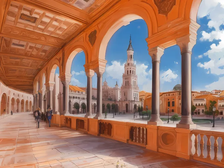 view of the plaza de españa in seville with the south tower, arches, mudejar art, conf 0.9