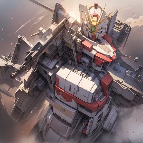 Masterpiece, best quality, 8K wallpaper, ink style, landscape between an armed Gundam is playing the piano
